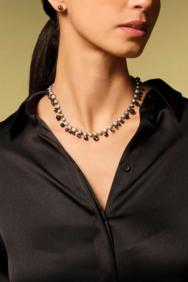 Bubble Tiered Rivière Necklace - White Pearl & Black Sheen Moonstone