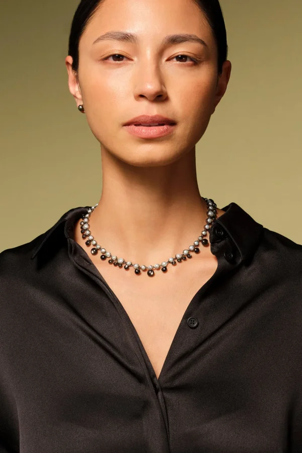 Bubble Tiered Rivière Necklace - White Pearl & Black Sheen Moonstone