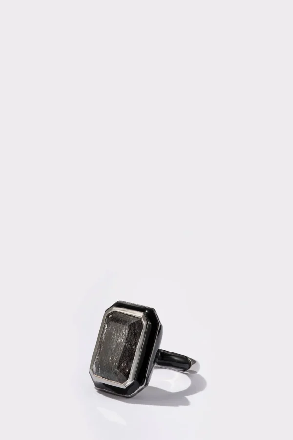 Deco Lacquer Enamel Ring - Black Rutilated Quartz