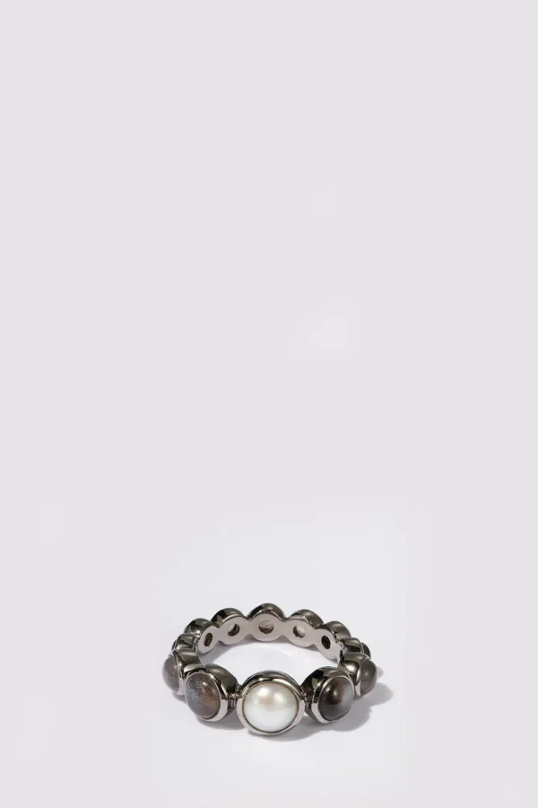 Graduated Dot Ring - Pearl & Black Sheen Moonstone
