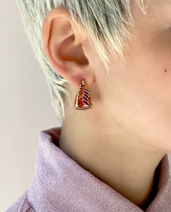 Herringbone Hoops - Fire Opal & Rubellite