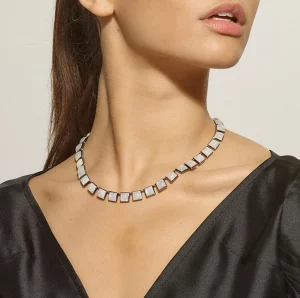 Large Tile Rivière Necklace - Rainbow Moonstone