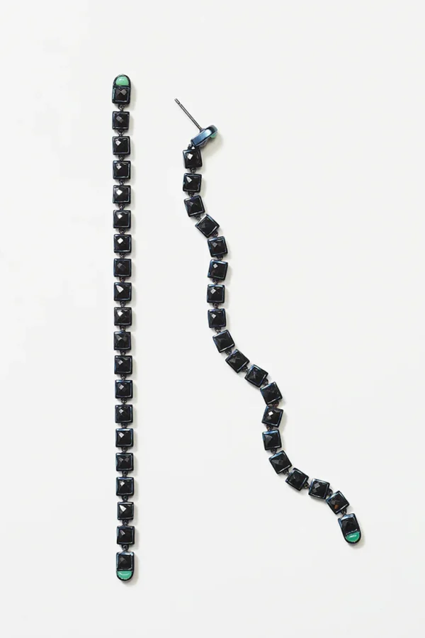 Line Earrings -Party Length - Black Spinel & Chrysoprase with Blue Rhodium