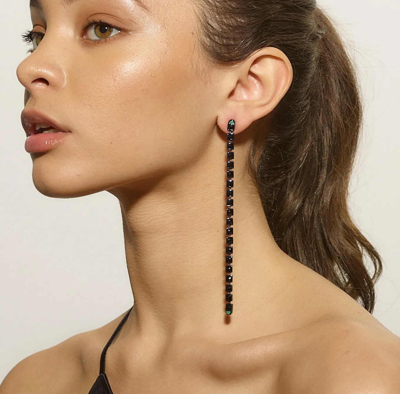 line_earrings_party_lengt_1.webp Line Earrings -Party Length - Black Spinel & Chrysoprase with Blue Rhodium