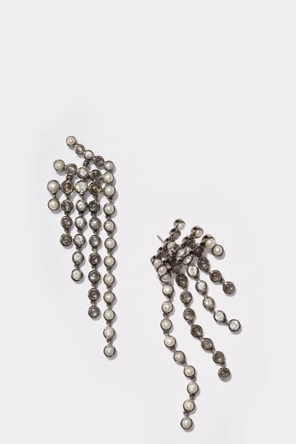 Pixelated Fringes Earrings - Pearl, White Zircon & Black Sheen Moonstone