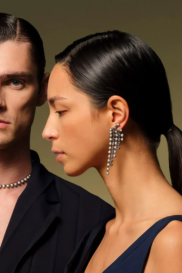 Pixelated Fringes Earrings - Pearl, White Zircon & Black Sheen Moonstone