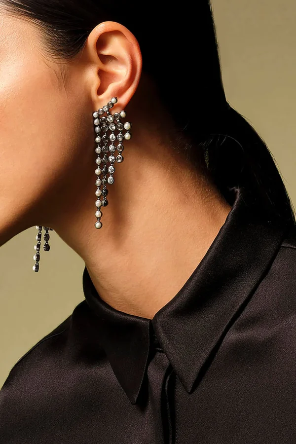 Pixelated Fringes Earrings - Pearl, White Zircon & Black Sheen Moonstone