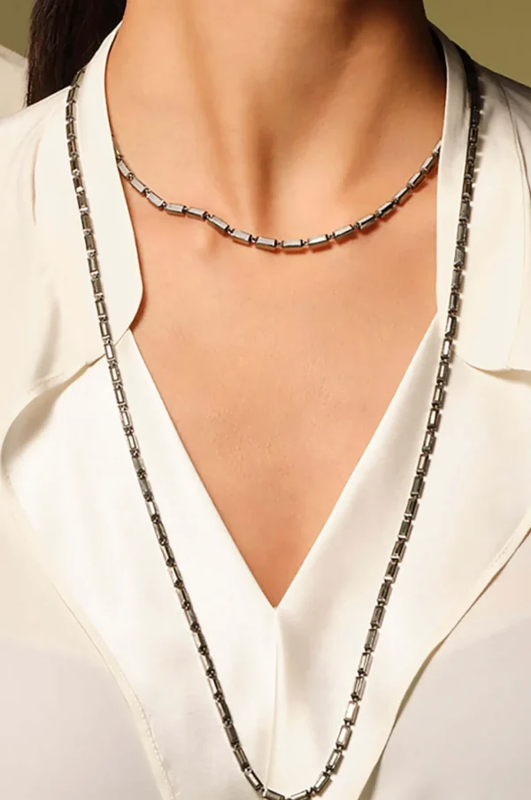 Small Linear Baguette Tile Rivière Necklace - White Agate