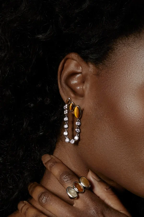 Taper & Chain Earrings - Tiger's Eye
