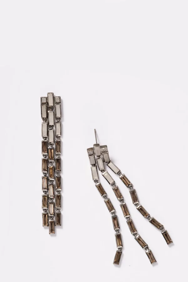 Triple Baguette Stiletto Earrings - White Agate & Smokey Quartz