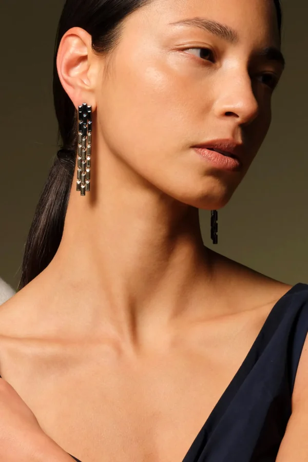 Triple Baguette Stiletto Earrings - Pyrite & Black Spinel