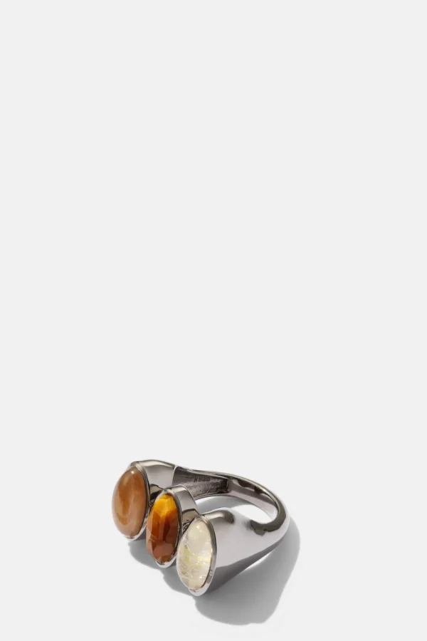 Triple Elliptic Ring - Tiger's Eye, Rutilated Quartz, & Golden Sheen Moonstone